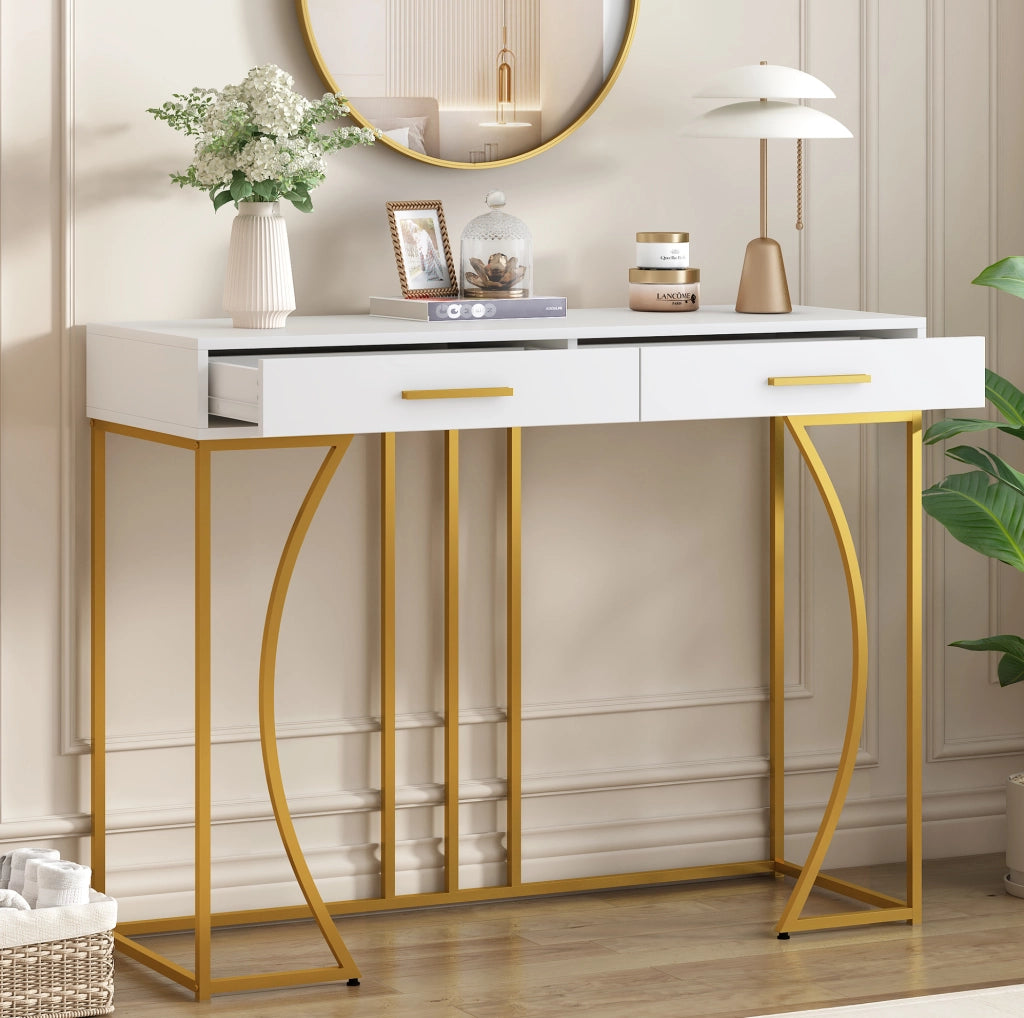 Tavolo consolle da ingresso con 1 cassetto; struttura in metallo e piano in MDF; bianco; 110 x 32 x 85 cm