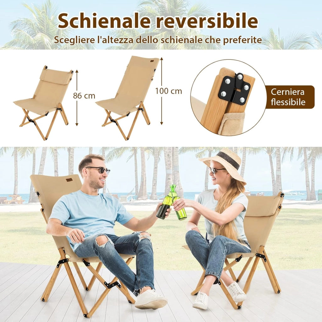 Sedia da Campeggio Pieghevole e Portatile, Sedia in bambù con Schienale Regolabile a 2 Livelli e Borsa, Sedia in Tela Ultraleggera per Picnic, Spiaggia e Patio, Portata 150 kg