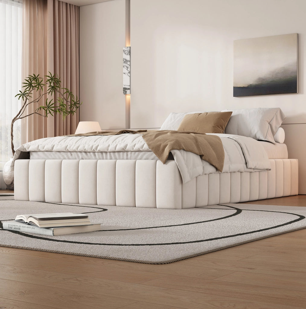 LETTO Imbottito 140x200 cm in velluto beige con 4 cassetti e rete a doghe