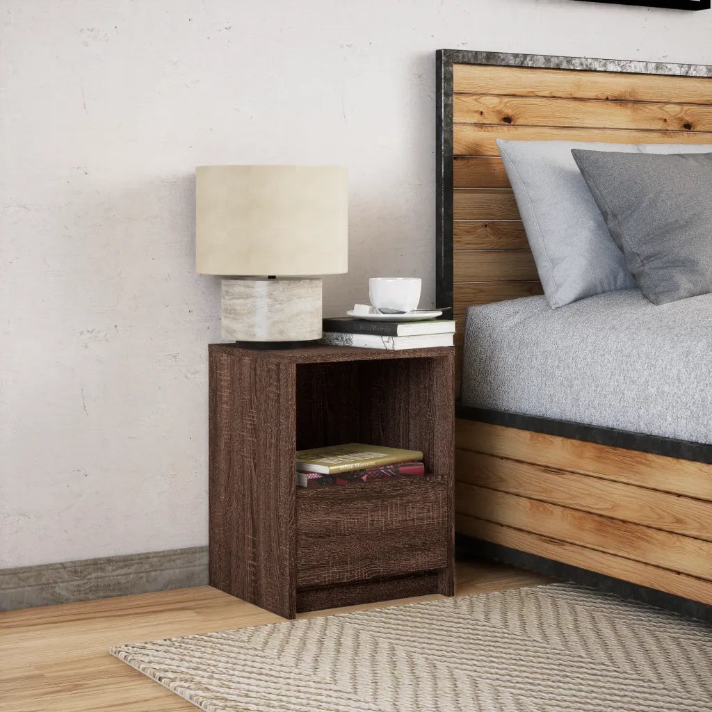Comodino con Luci LED Rovere Marrone in Legno Multistrato 852031