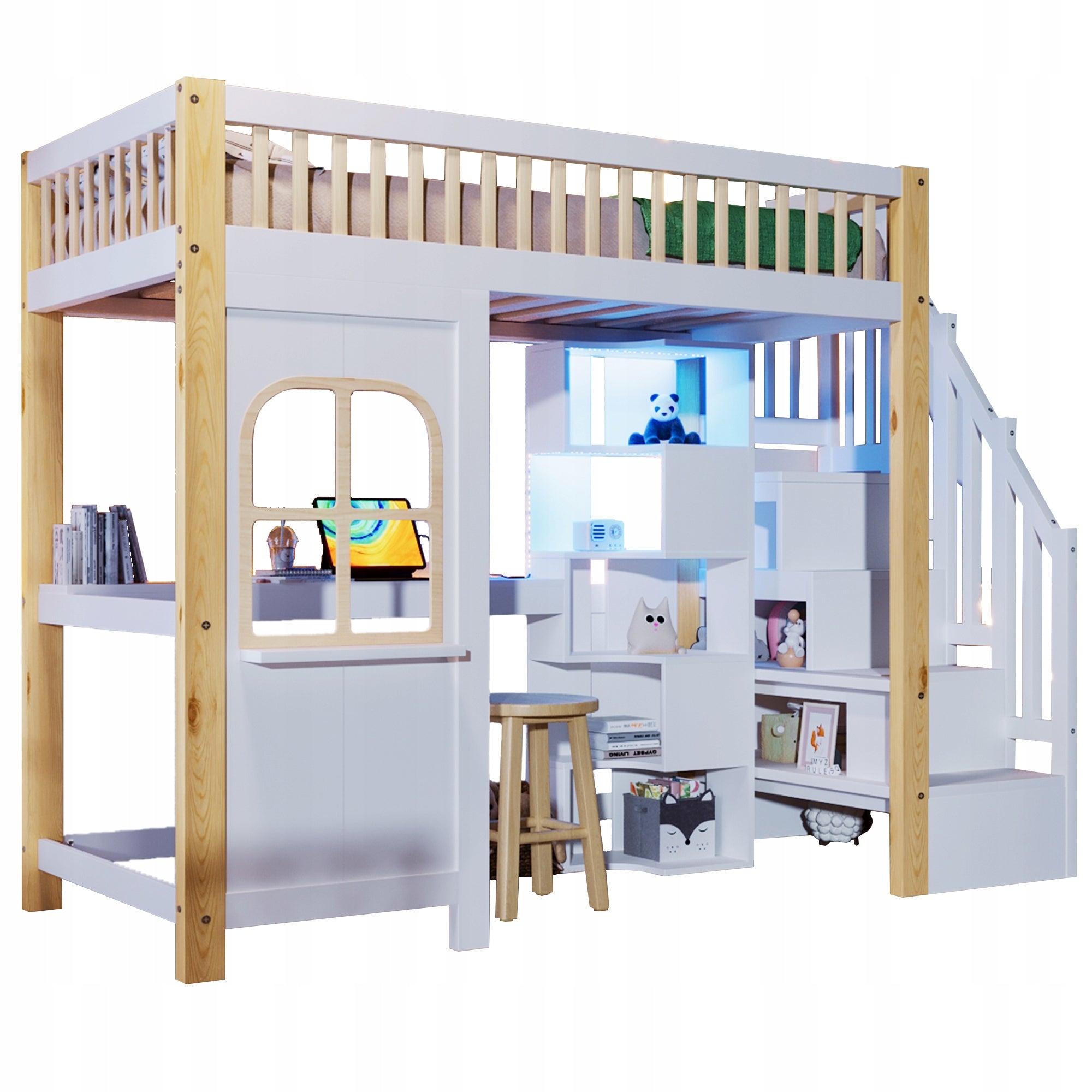 Letto a castello 90x200 LED con scrivania - Xylo - Bianco-marrone