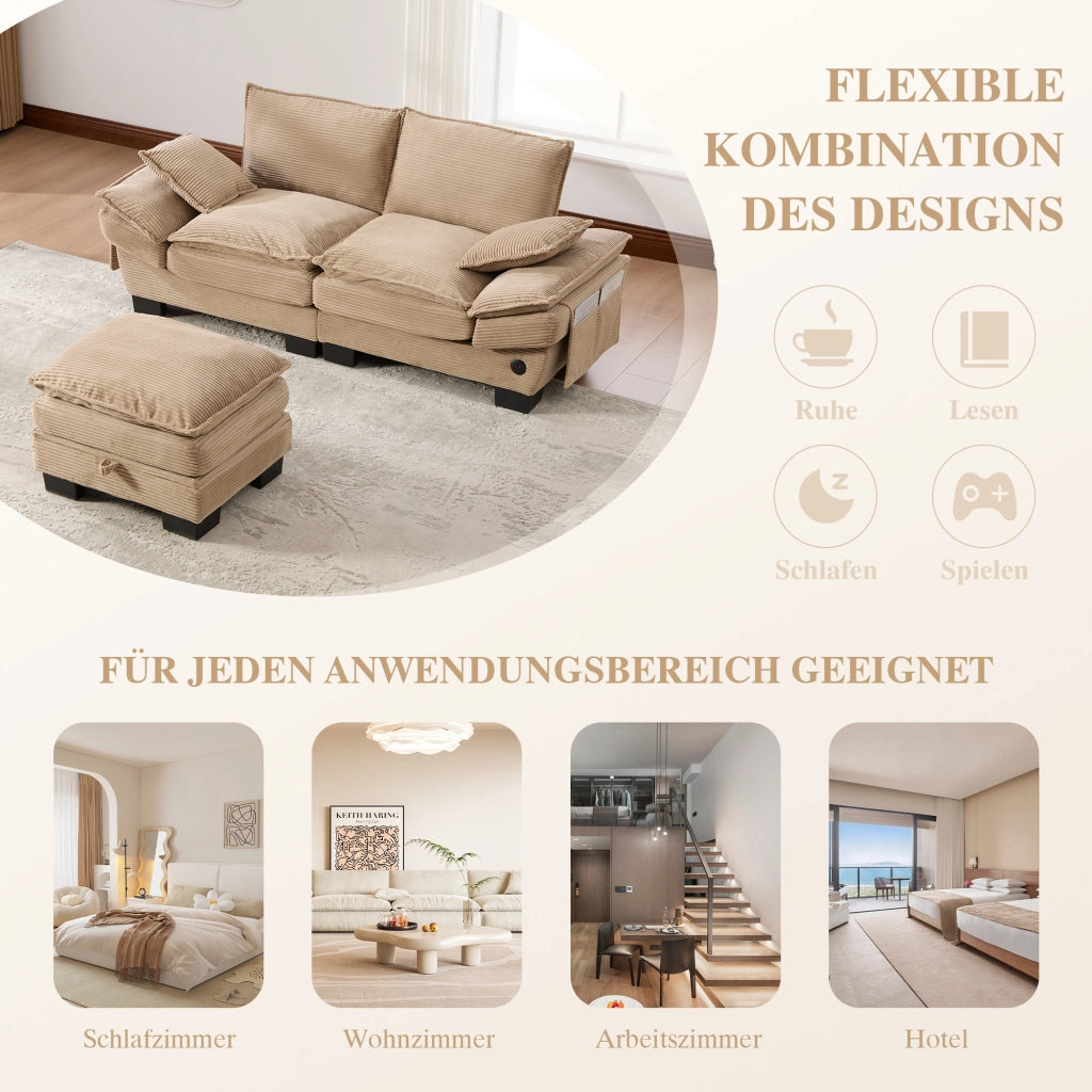 Divano a 2 posti in corduroy con pouf, ampia seduta ergonomica, USB-C e tasche laterali, per soggiorno, khaki