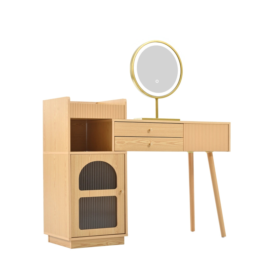 Set toeletta con specchio LED a 3 colori, 3 cassetti e mobile laterale, colore naturale