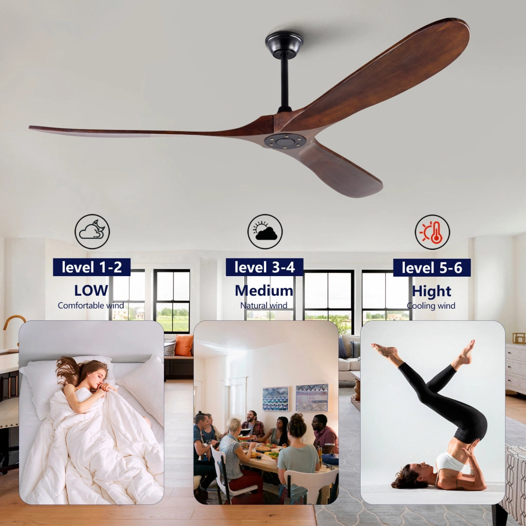 Ventilatore a soffitto senza luce con telecomando; 6 velocità; nero e noce scuro