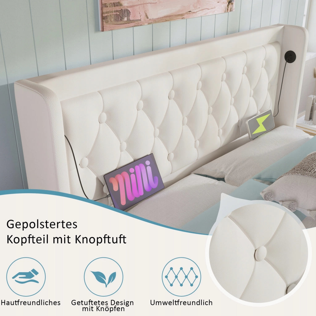 Letto imbottito 180x200 bianco - Xylo - Base idraulica LED USB-C