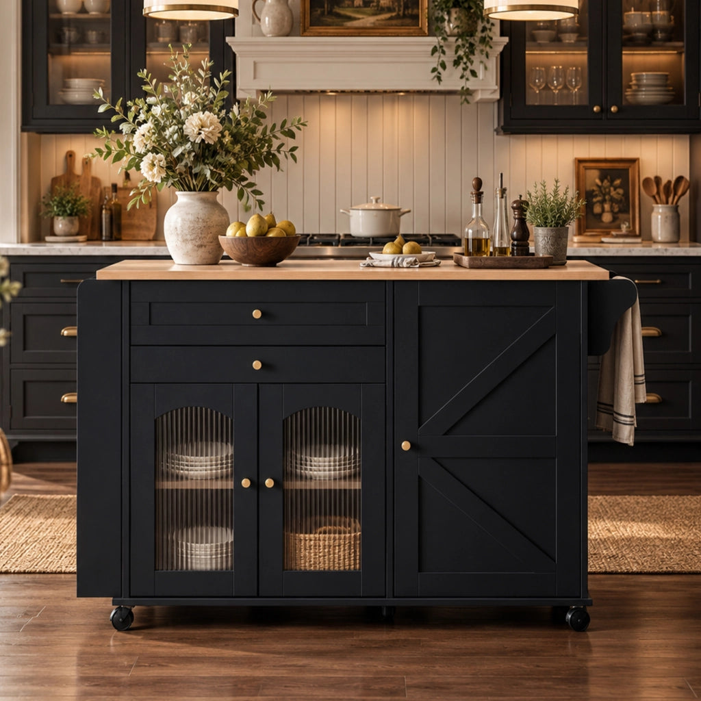 Isola da cucina mobile 110 cm con piano ribaltabile; 2 cassetti e ruote; nera