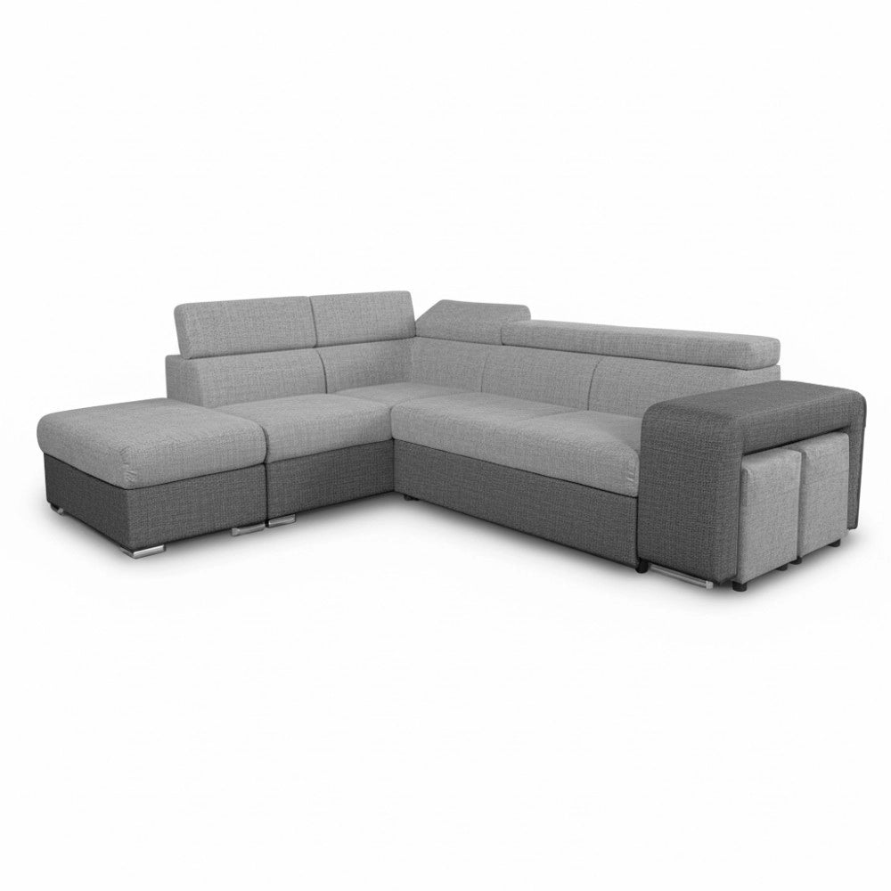 Divano Letto Angolare Sophie con Penisola Sinistra, 2 Pouf Estraibili e Pouf Contenitore – grigio e Grigio Chiaro