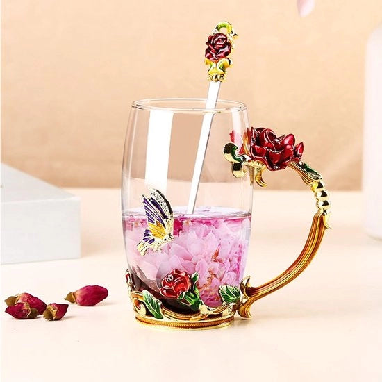 Tazza da Tè in Vetro con Verniciatura - Bicchiere da Tè con Cucchiaio e Maniglie - Bicchiere da Caffè per Festa di Compleanno, San Valentino, Madre, Anniversario di Matrimonio (Rosso Alto)