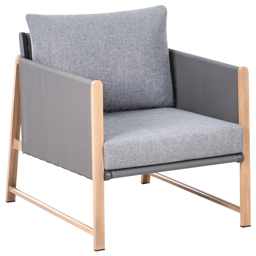 Set di divani da giardino a 5 posti Struttura in metallo grigio con finitura in legno Piano in vetro Divano a 3 posti Ottomano Poltrone