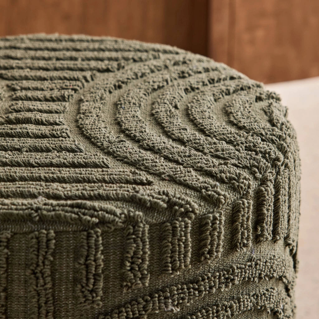 Pouf rotondo in bouclé testurizzato, verde kaki