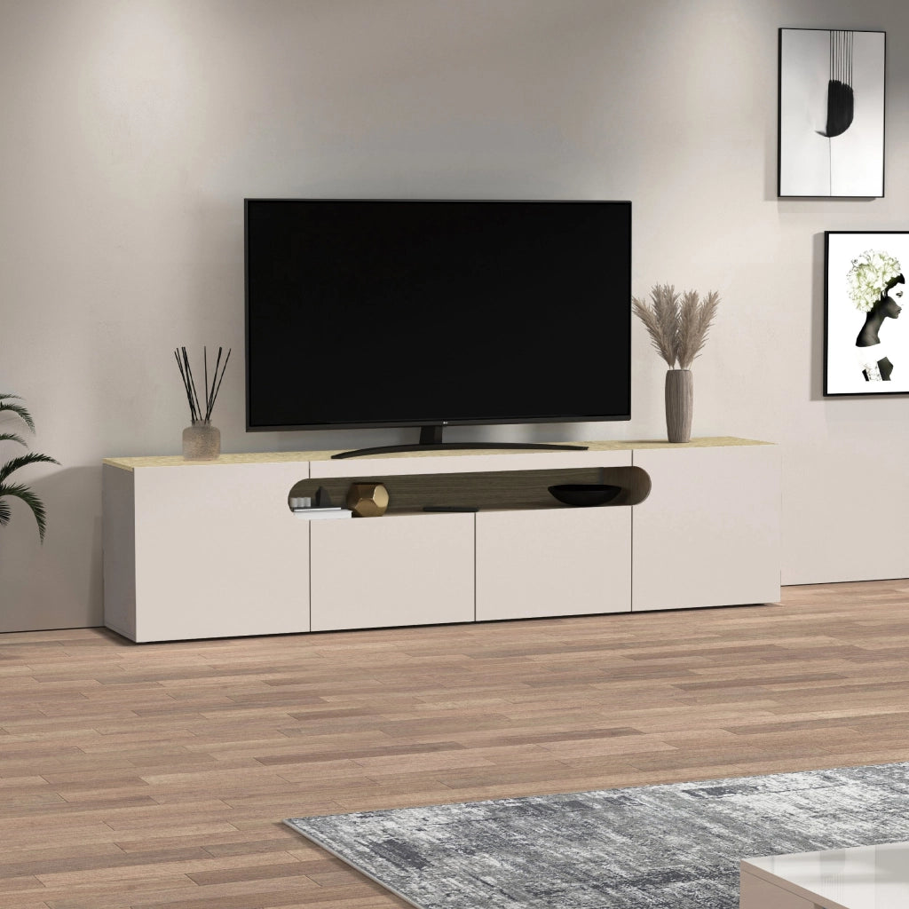 WHOUS Mobile porta TV Real con 4 ante e 1 vano aperto cashmere e rovere chiaro 240x40x60 cm