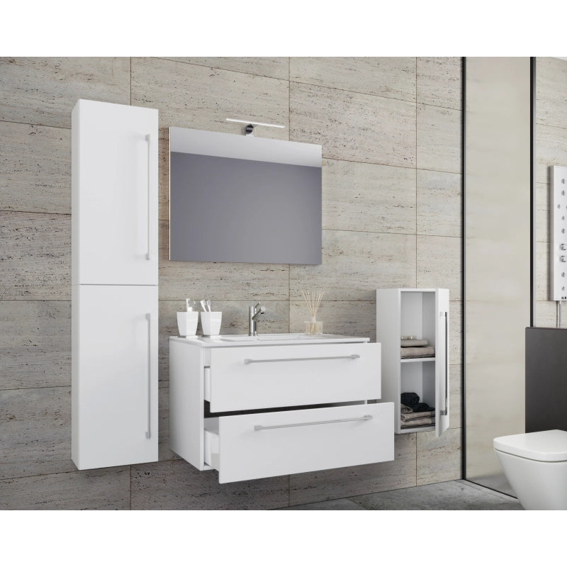 Completo Set bagno 5 pz Mobile sosp 2 casetti con Lavabo XL in ceramica incl 1 Colonna 1 mobile sosp e specchio, Bianco
