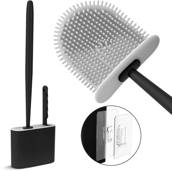 Borsetto WC – Borsetto WC con supporto – Borsetto per il water – Fondello chiuso – Borsetto WC con spazzola di bordo – Silicone – Nero – Libero stante – Appeso – Borsetto WC e supporto