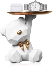 Sculptura orso con piatto, piatto decorativo orso, scultura animale decorativa, cassetta per oggetti da scrivania per salotto, ingresso, ufficio, decorazione per ufficio (bianco)