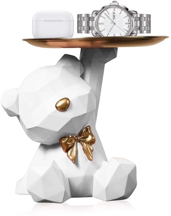 Sculptura orso con piatto, piatto decorativo orso, scultura animale decorativa, cassetta per oggetti da scrivania per salotto, ingresso, ufficio, decorazione per ufficio (bianco)