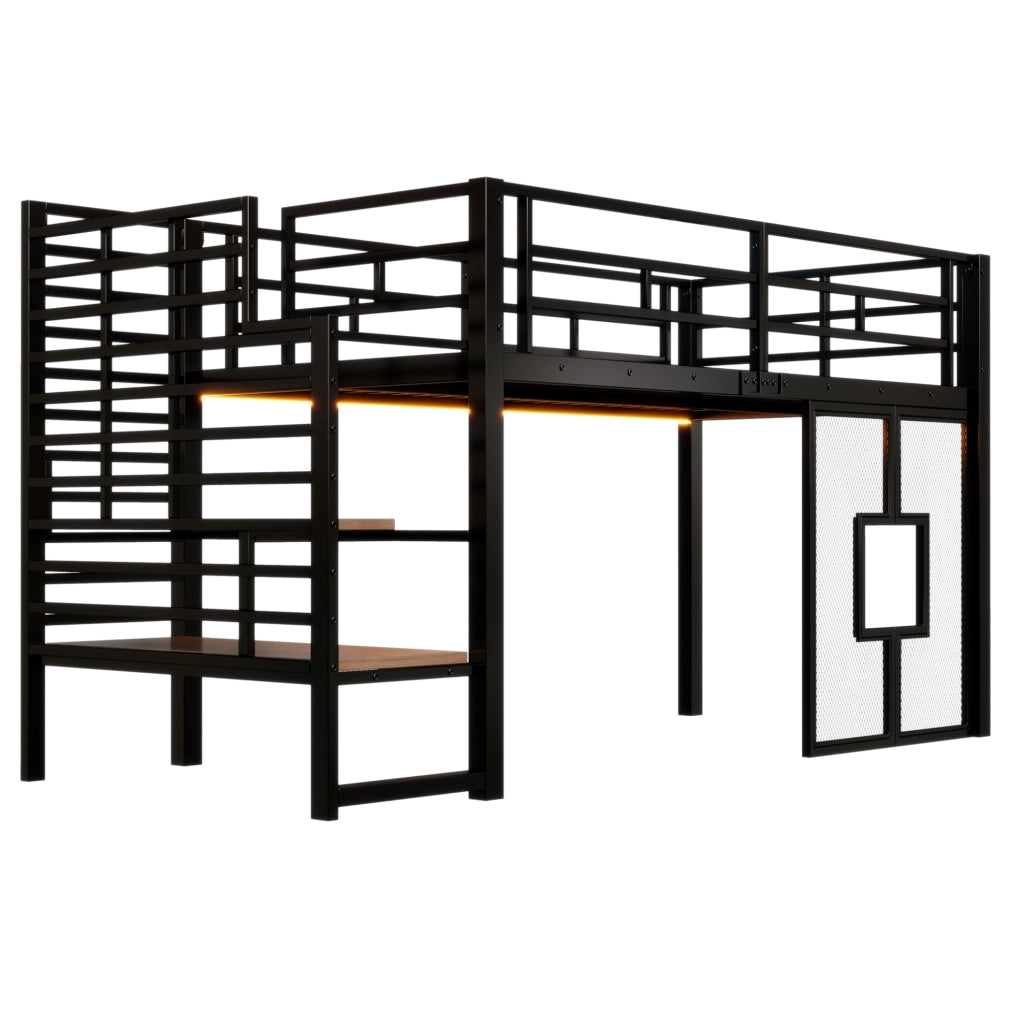 Letto a soppalco 90x200 cm con scala; contenitore; LED e finestre in metallo e MDF nero
