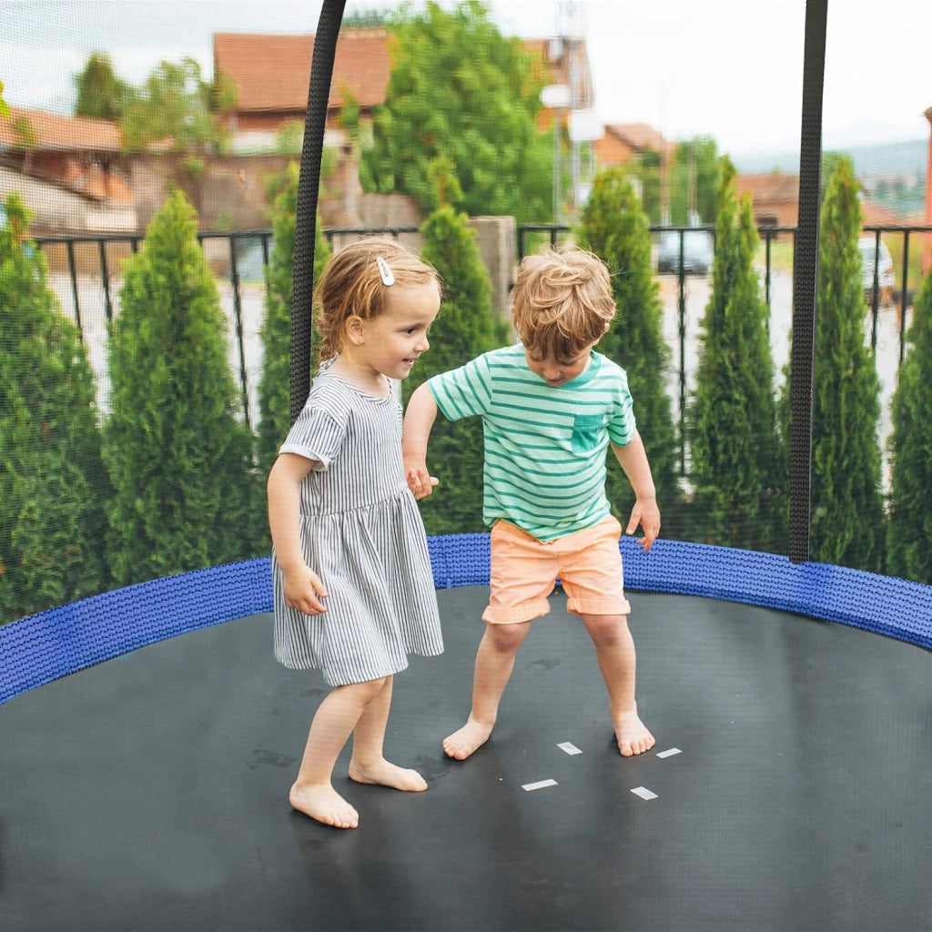Trampolino da giardino rotondo con rete di sicurezza e copertura per bordi per bambini e adulti, blu + nero