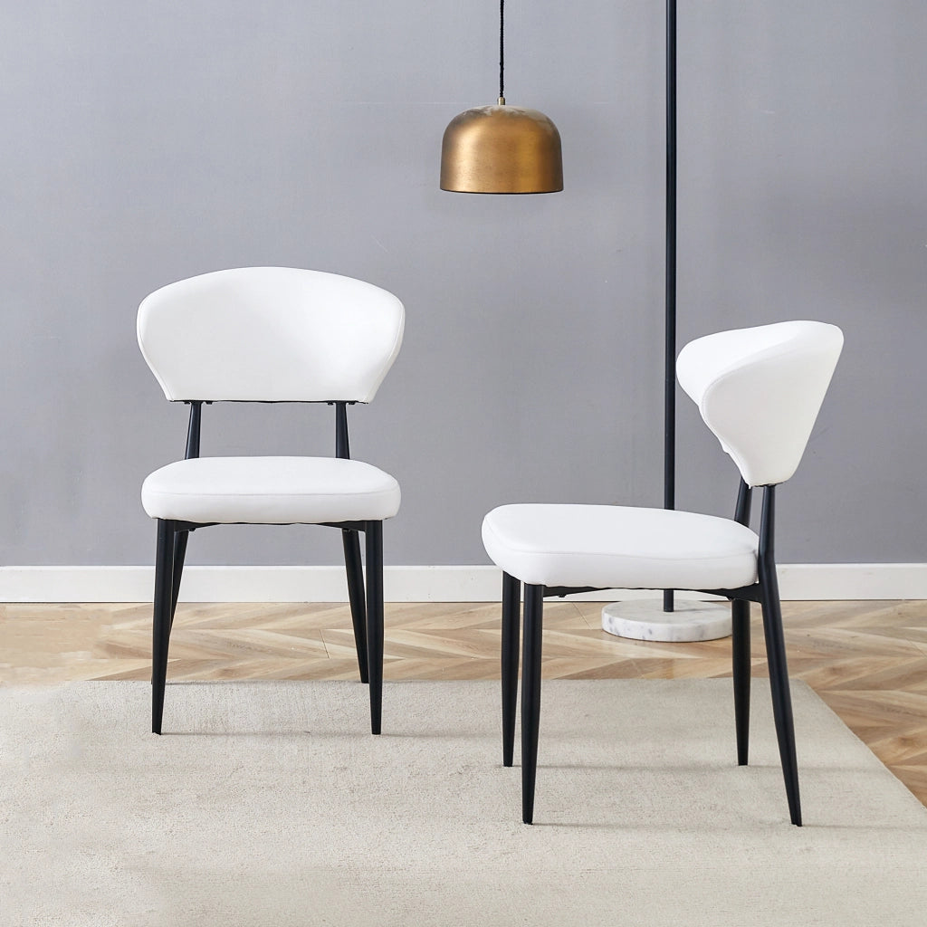 Sedia da sala da pranzo 2 pezzi con schienale ergonomico in PU e gambe in metallo, bianco e nero, stile moderno