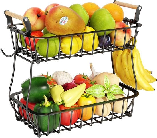 Fruitiera a doppia lastra - contenitore per frutta e verdura - nero - filo metallico - 2 pezzi