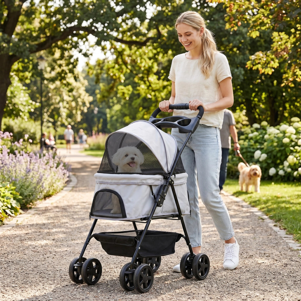 Carrello per Cani Piccoli con 4 Ruote e Finestre ¨C zephmum ¨C Grigio 67x45x96 cm