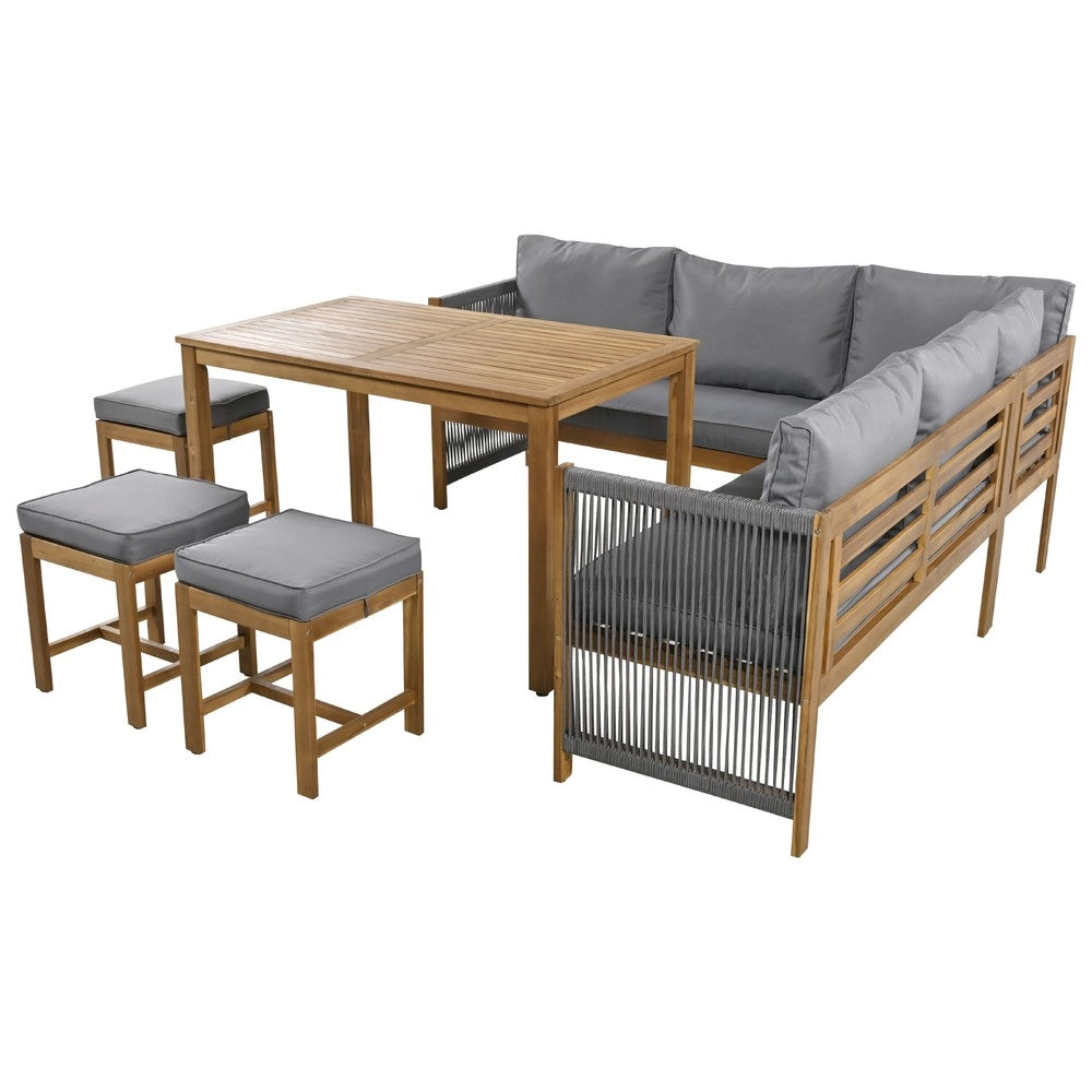 Set da giardino per 7-8 persone - Zephmum - Divano angolare, 3 sgabelli, tavolo, cuscini, polirattan, colore grigio+naturale