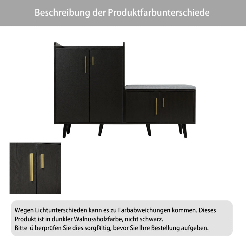Scarpiera con seduta imbottita 120x34x82 cm in truciolare e metallo; nero e noce scuro