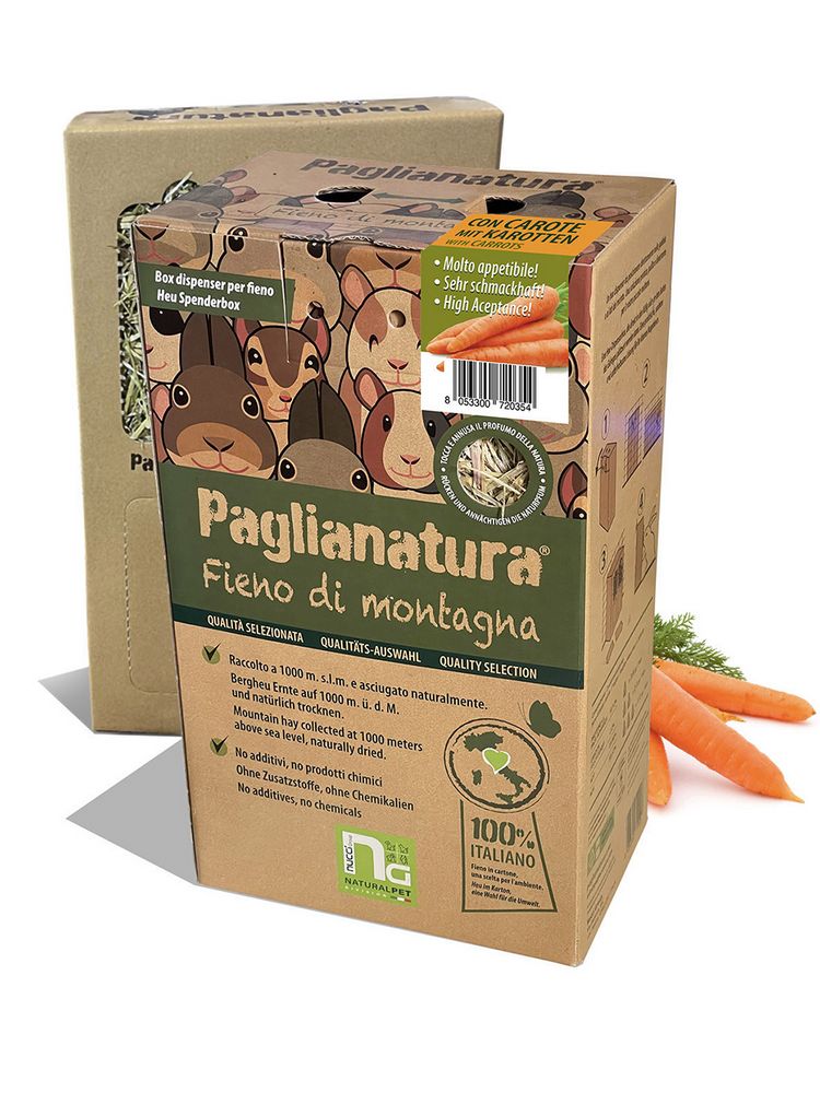 Dispenser di Fieno Montagna 700gr + Carote - Ideale per Conigli, Roditori E Piccoli animali - Accessorio Ecologico per un'Alimentazione Naturale