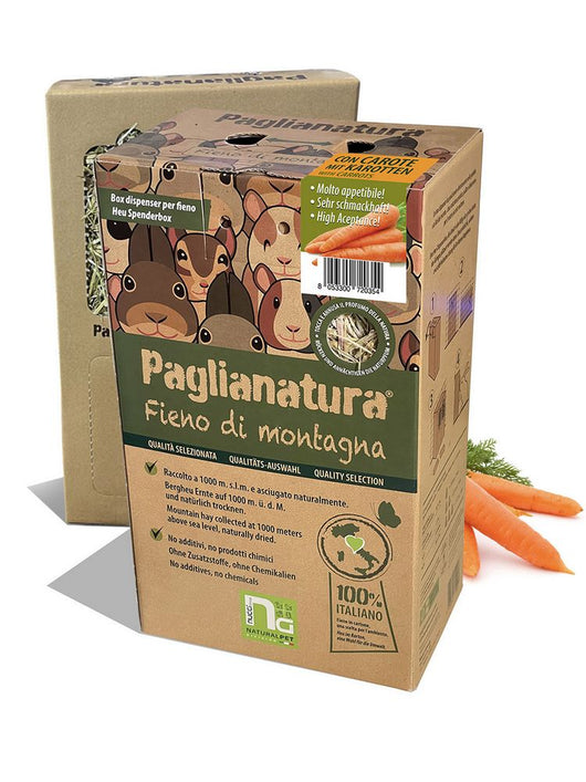 Dispenser di Fieno Montagna 700gr + Carote - Ideale per Conigli, Roditori E Piccoli animali - Accessorio Ecologico per un'Alimentazione Naturale