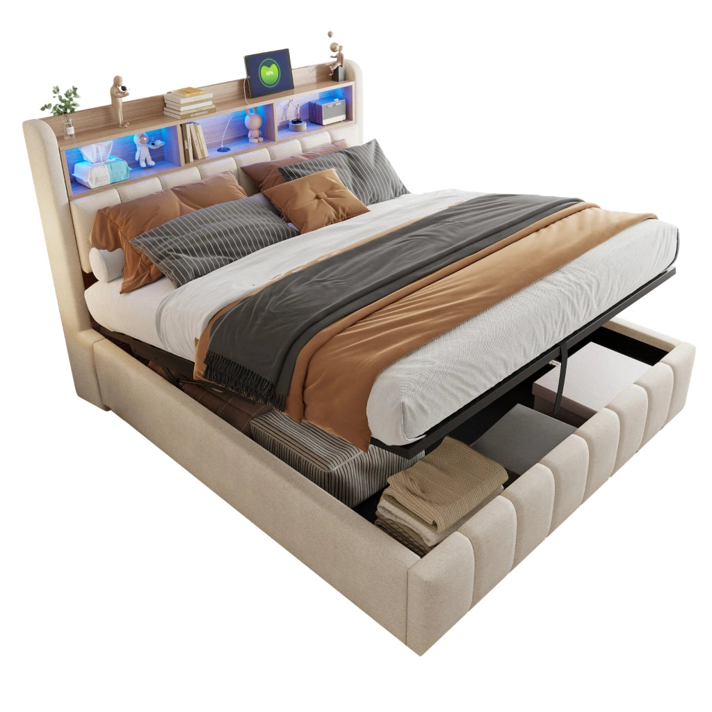 Letto imbottito 180x200 cm con LED, porte USB e contenitore con sollevamento idraulico