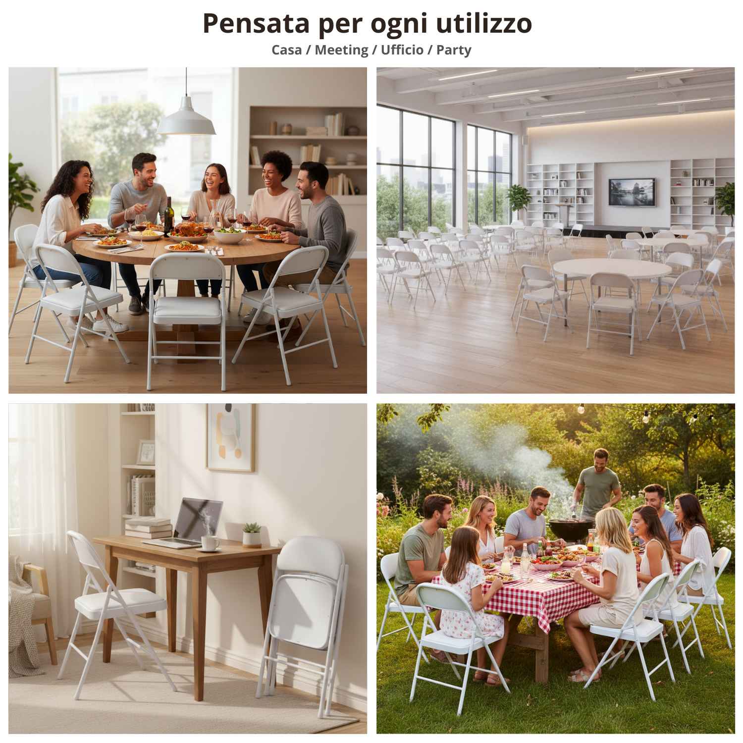 Marvin Set 6 Sedie Pieghevoli Kant in Metallo Imbottite Salvaspazio, Compatte e Resistenti, Richiudibili per Even Bianco