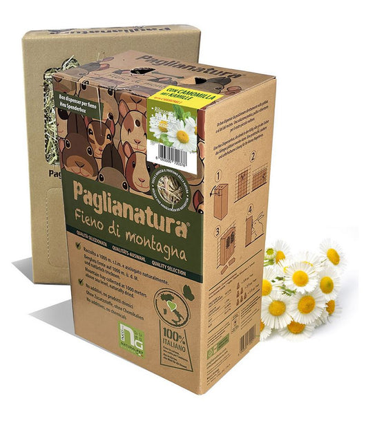 Dispenser Fieno di Montagna 700gr con Camomilla - Mangime Naturale per Conigli e Roditori, con Dosatore Pratico e Aromaterapia
