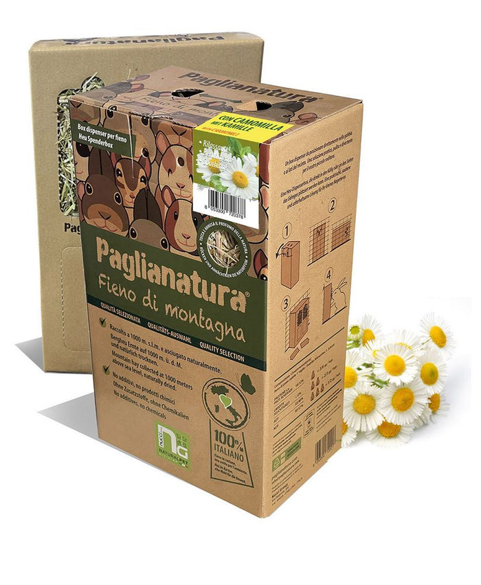 Dispenser Fieno di Montagna 700gr con Camomilla - Mangime Naturale per Conigli e Roditori, con Dosatore Pratico e Aromaterapia