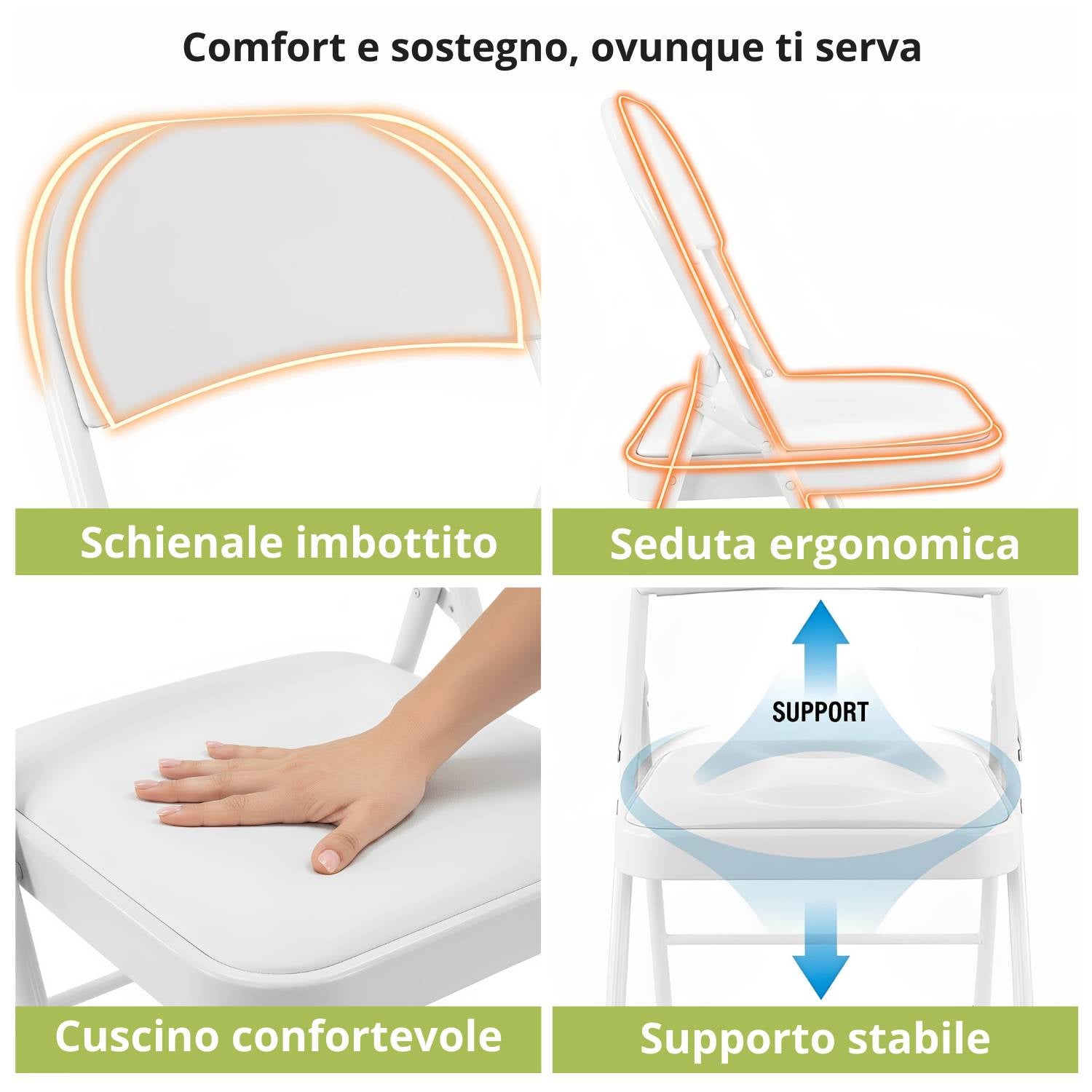 Marvin Set 6 Sedie Pieghevoli Kant in Metallo Imbottite Salvaspazio, Compatte e Resistenti, Richiudibili per Even Bianco