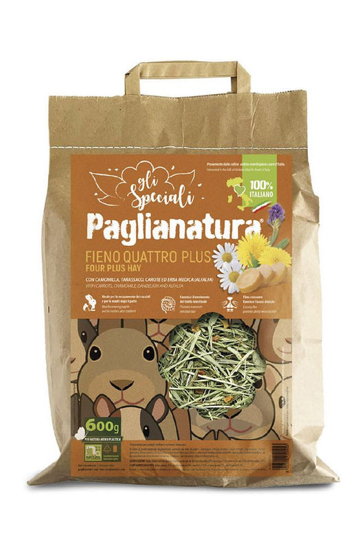 Fieno 4 Plus 600 gr. - Alimento Naturale di Alta QualitÃ  per Conigli e Roditori, Ricco di Fibre Essenziali, in Pratica Confezione
