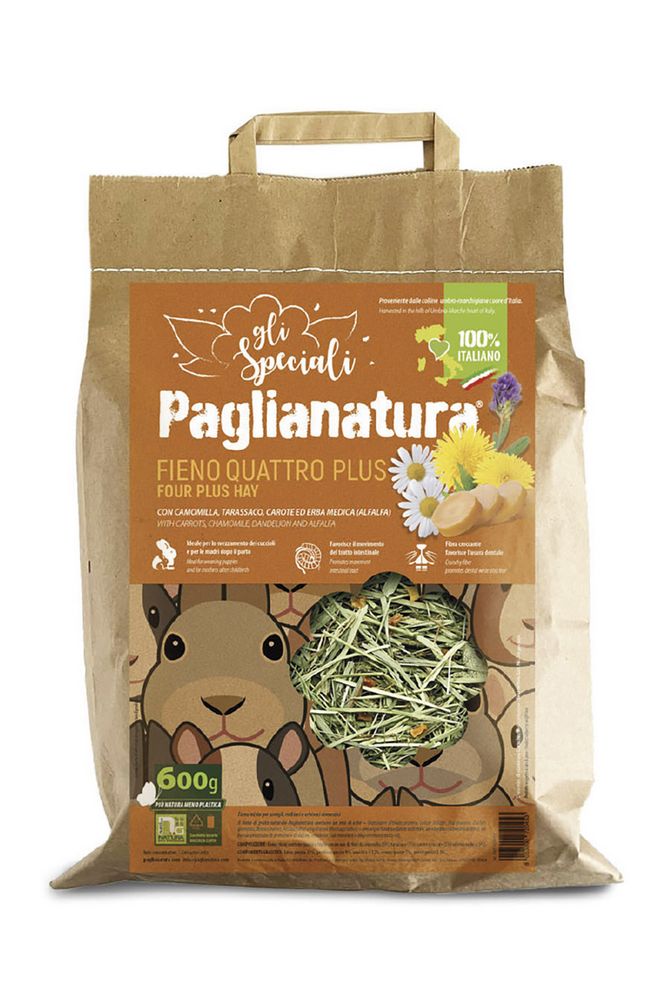 Fieno 4 Plus 600 gr. - Alimento Naturale di Alta QualitÃ  per Conigli e Roditori, Ricco di Fibre Essenziali, in Pratica Confezione