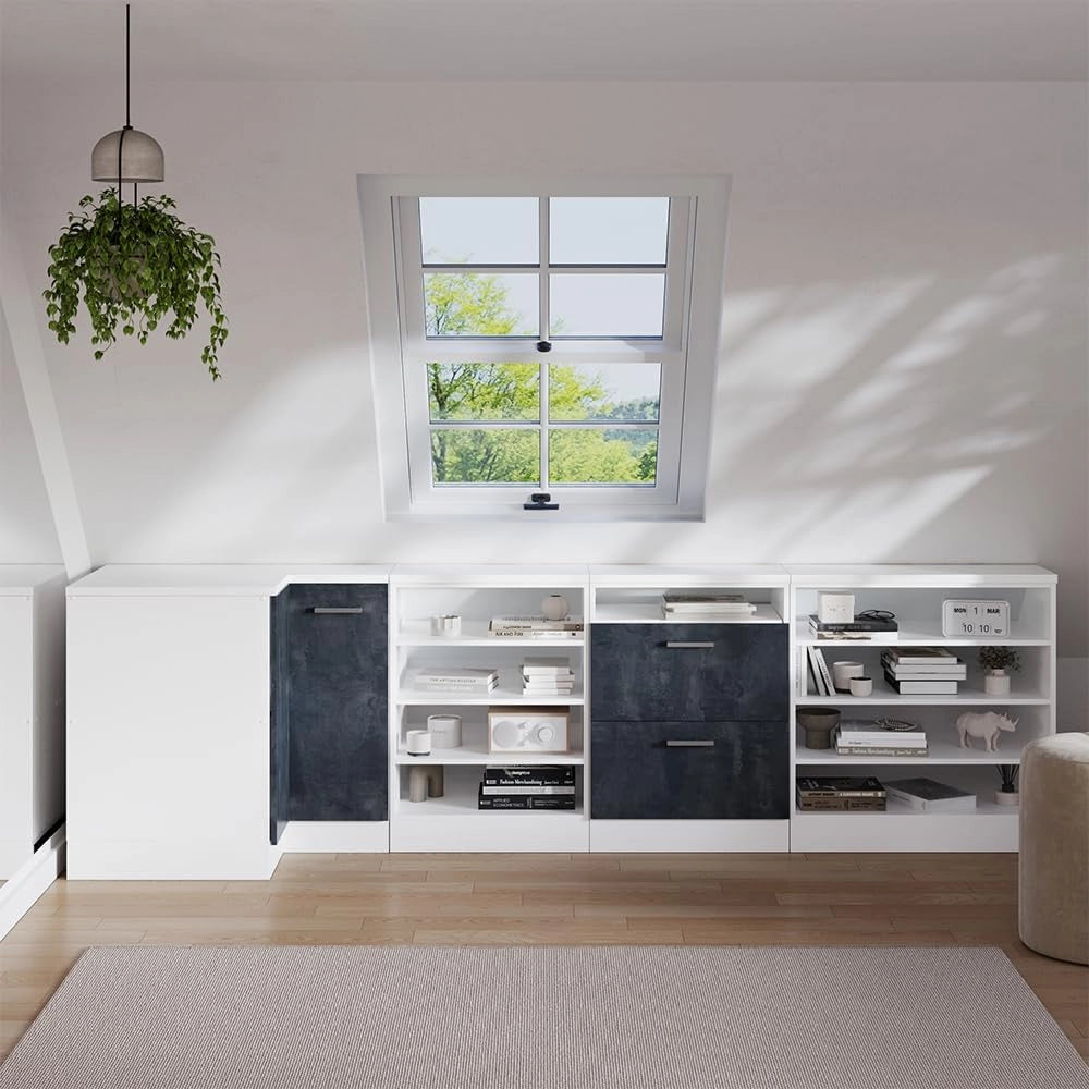 Mobile sottotetto Mobile angolare Rion, Calcestruzzo nero, 75.6 x 81.6 cm con 1 porta, carcassa dell’armadio profondità 60 cm, adatto per il salvaspazio sotto tetti spioventi