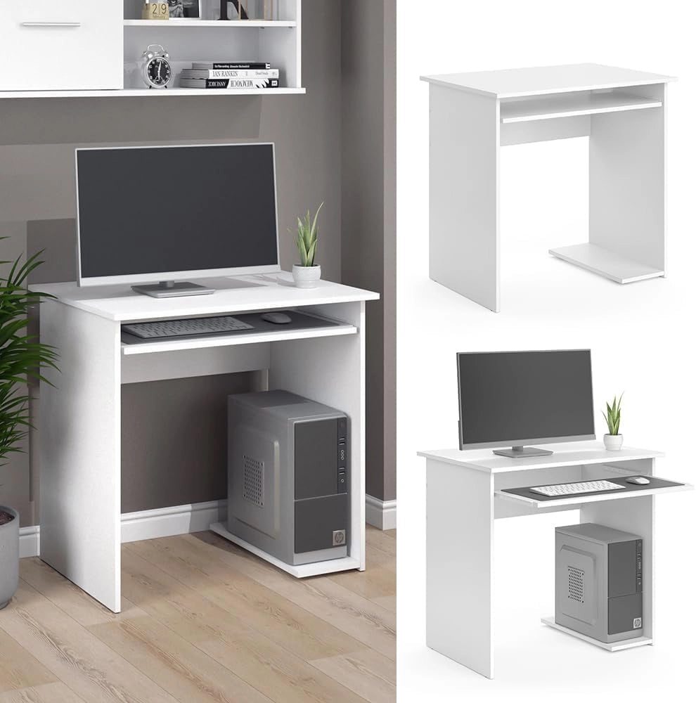 Scrivania Nick, Bianco, 80 x 58 cm, con ripiano estraibile per tastiera e supporto per unità di sistema