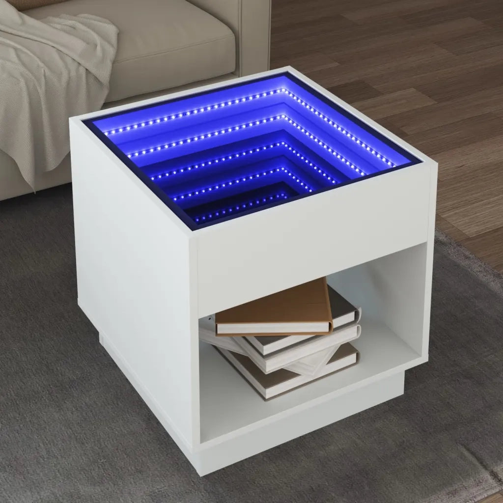 Tavolino da Salotto con LED Infinity-Tavolino da soggiorno Bianco 50x50x50 cm