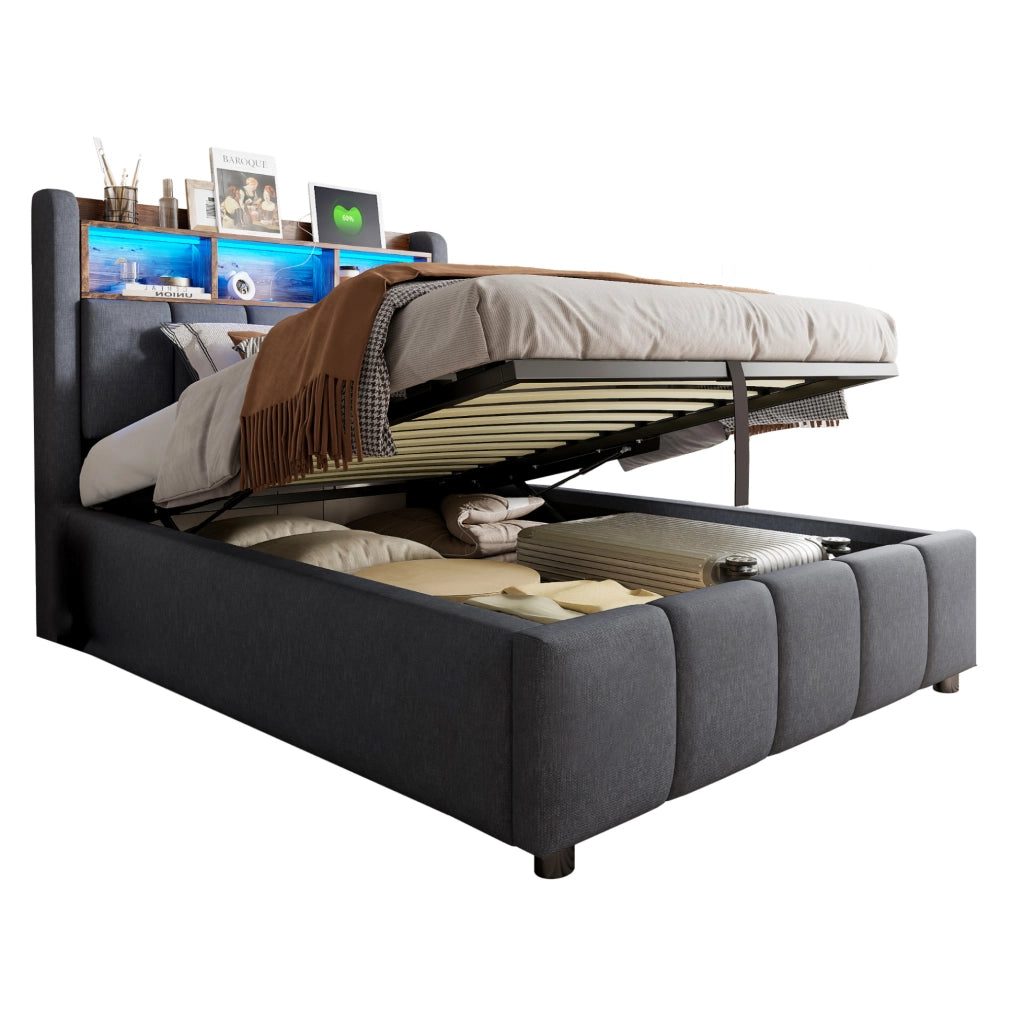 Letto imbottito con LED e porta USB Tipo C; contenitore idraulico 90x200 cm; grigio