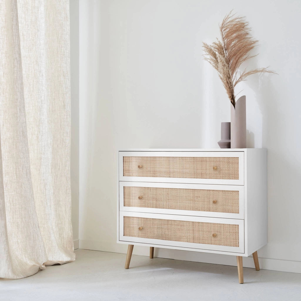 Cassettiera effetto legno e canna 3 cassetti, bianco sporco