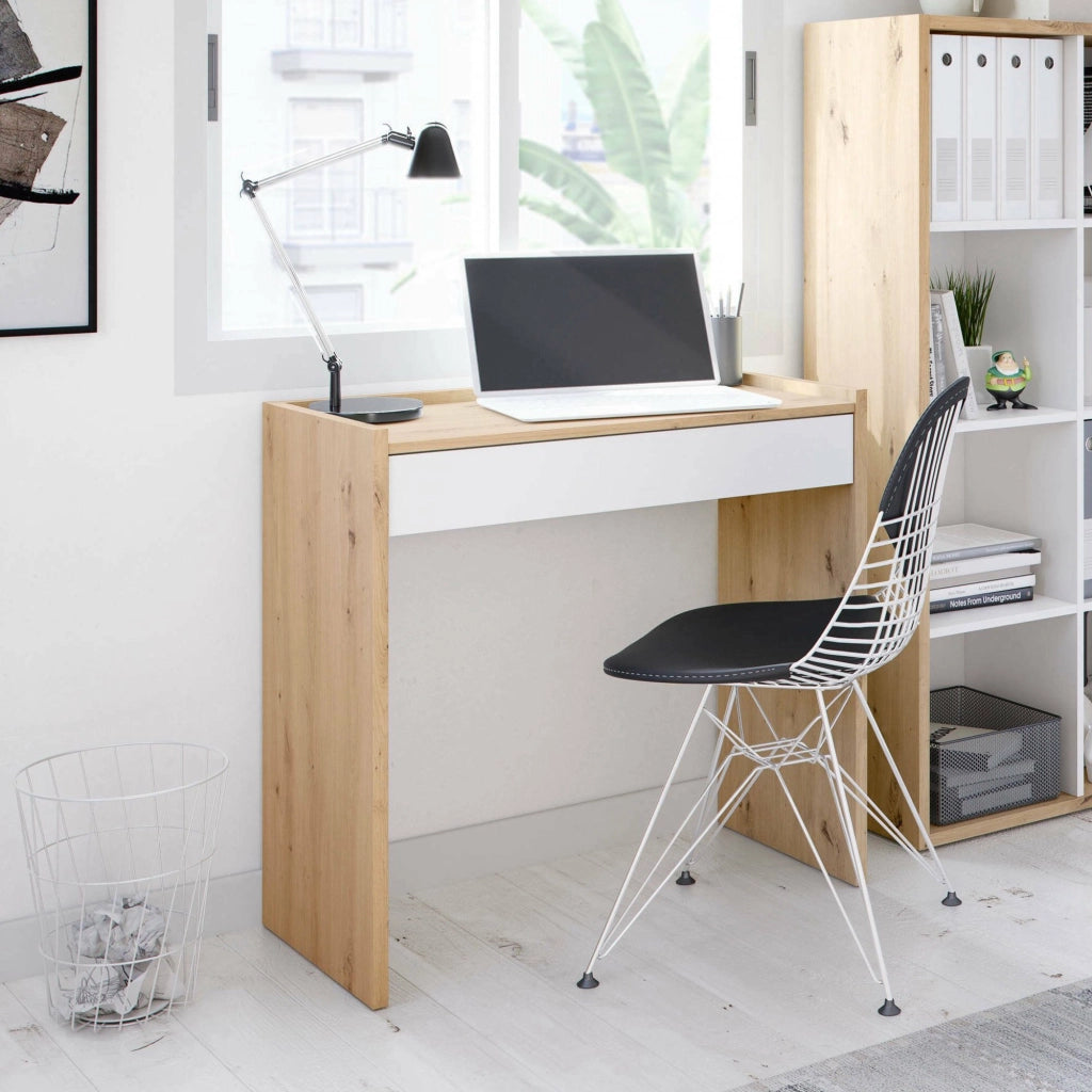 Scrivania Akaba, Scrittoio lineare con cassetto, Tavolo da studio o ufficio porta PC, cm 82x40h77, Rovere nodi e Bianco