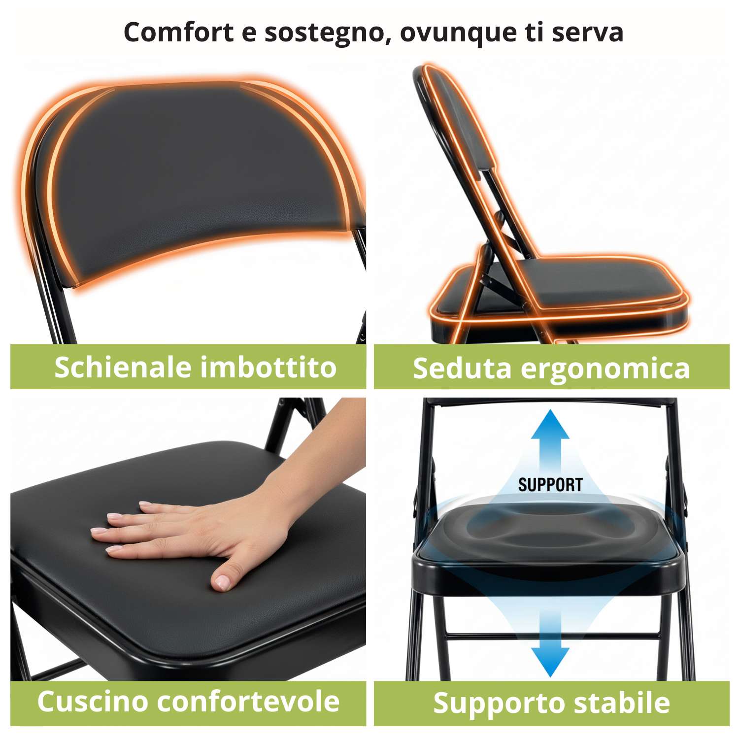 Sedia Kant Pieghevole Imbottita Portatile Salvaspazio in Metallo Richiudibile Sedie per Cucina Giardino Camera Sale Nero