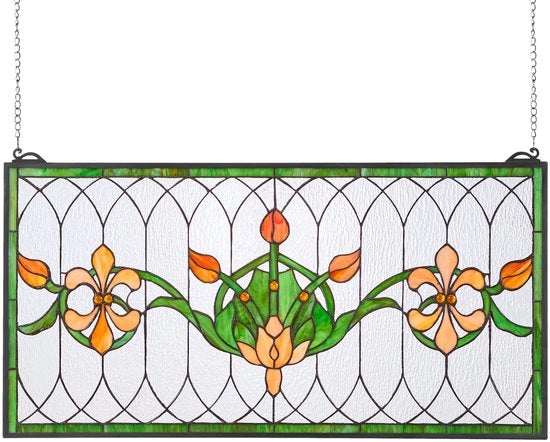 Pannello di Vetro a Specchio, 81.3 x 43.2 cm, Pannello di Vetro con Catena a Tono Classico, Progetto Rettilineo Orizzontale, Opera d'Arte Artigianale per la Cucina e la Decorazione di Casa