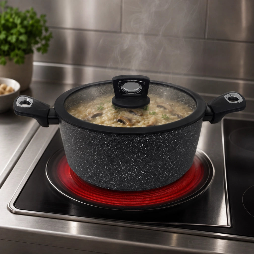 Casseruola Antiaderente Ø 24 cm con Coperchio - Pietra Lavica Induction - Alluminio Forgiato Effetto Pietra - Vetro e Silicone - Induzione - GMD Italy