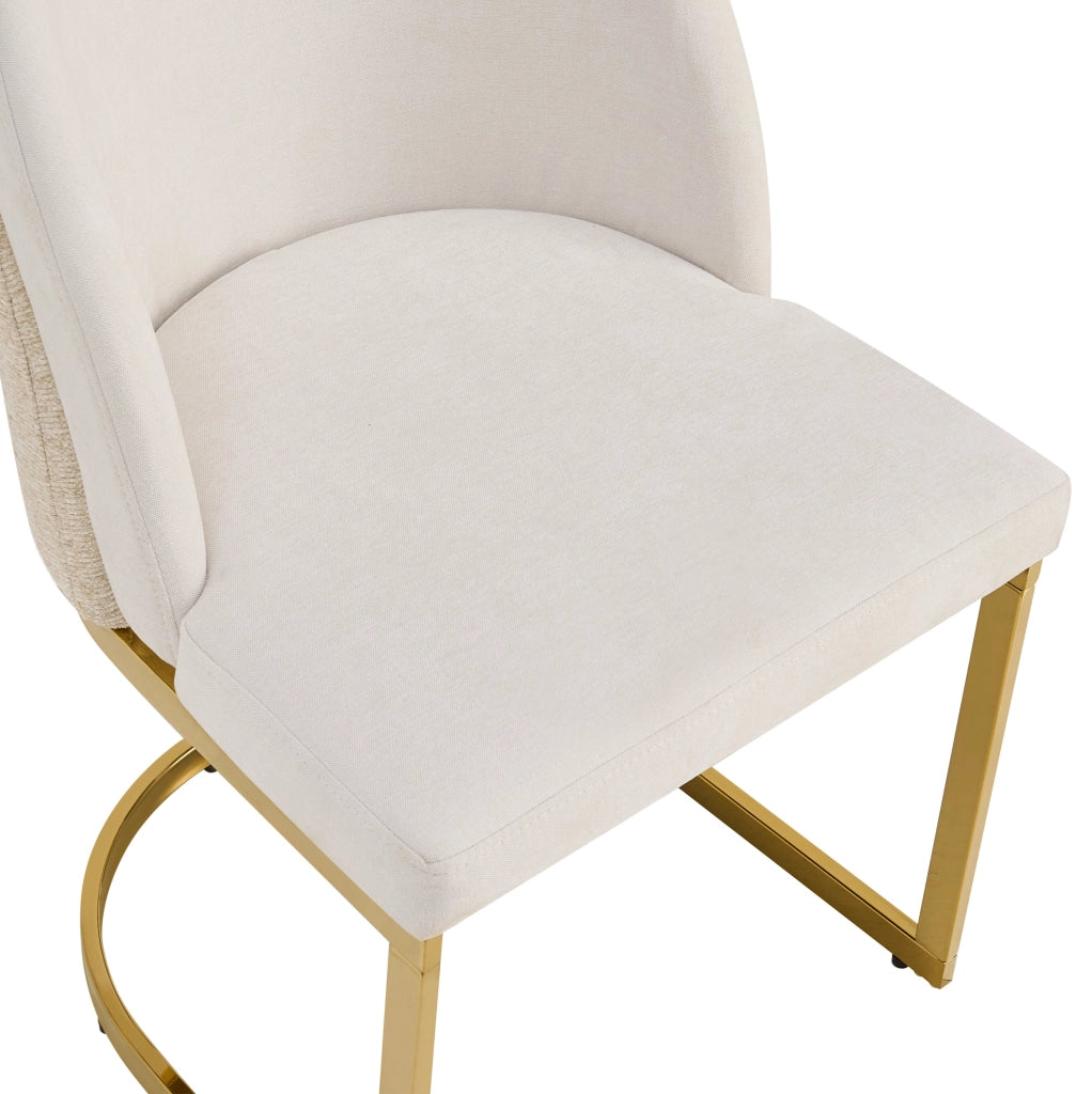 Set di 4 sedie con doppio schienale e gambe in metallo galvanizzato; chenille beige e oro