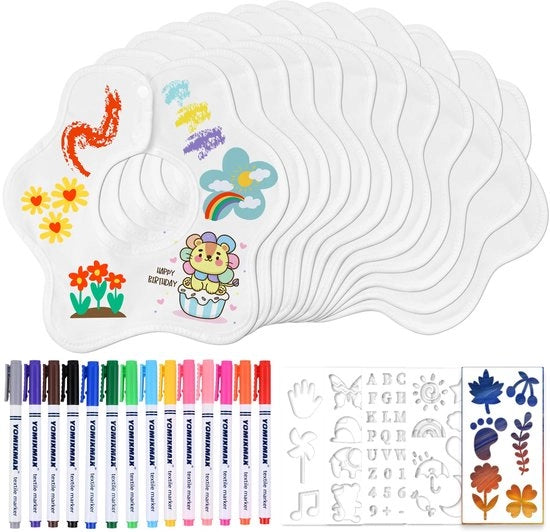 12 pezzi di tessere per decorare, 26*26 cm tessere per decorare per giochi di baby shower, tessere a forma di fiore con 14 pennarelli per tessuti e 5 stencil per decorazione di baby shower e festa di rivelazione del sesso, regalo