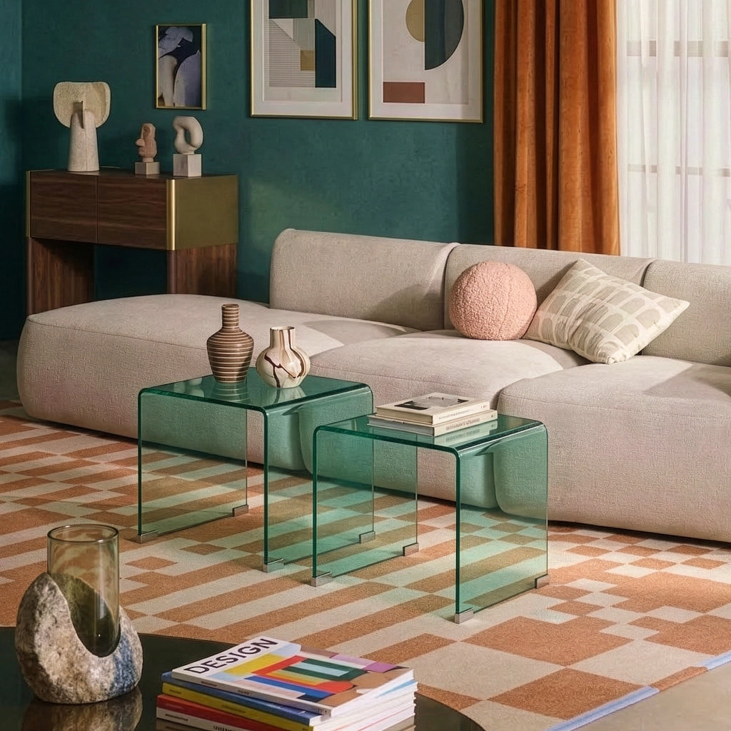 Set Kariengem di 2 Tavolini Sovrapponibili in Vetro - Verde [en.casa]