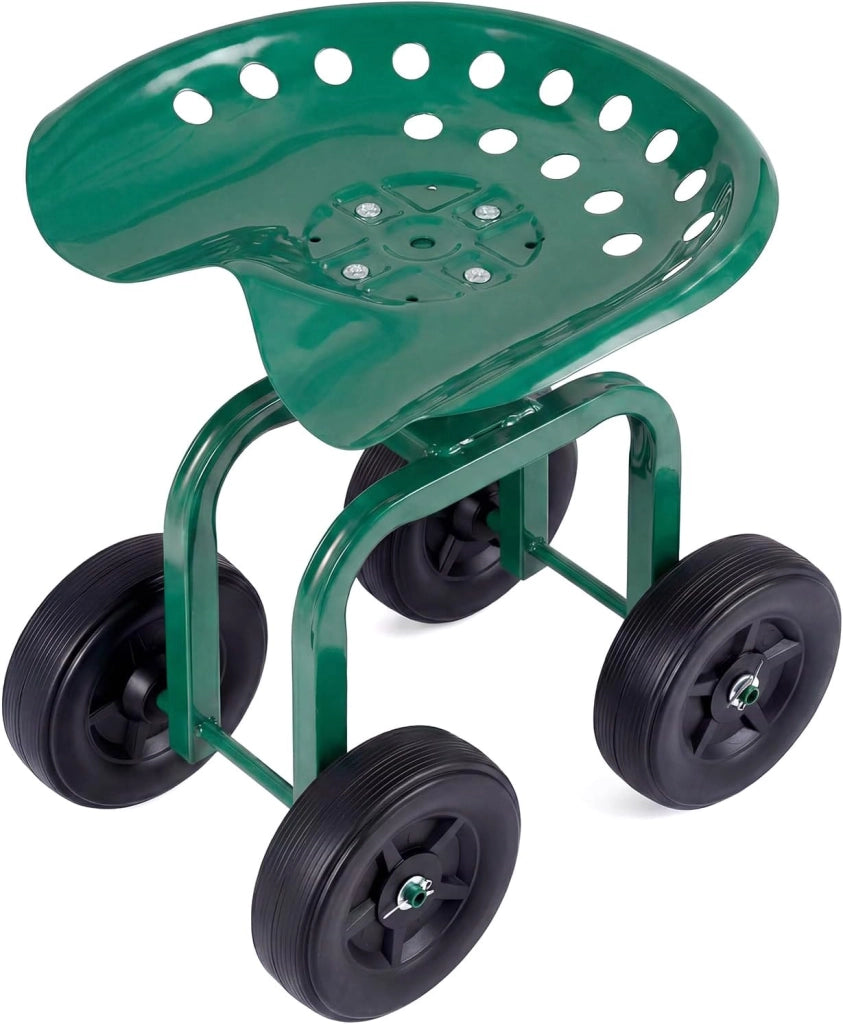 Sgabello con Ruote per Giardinaggio, Sedile con Ruote Regolabile in Altezza e Portatile, Seggiolino da Giardino, Prato e Cortile, Portata 150kg (Verde)