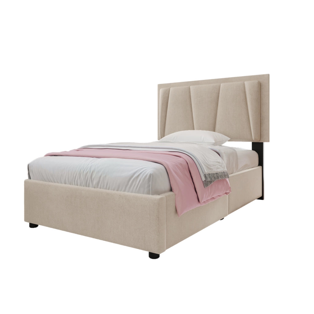 Letto con Cassetti 90 x 200 cm; Letto Singolo - Testiera Regolabile e LED - Beige