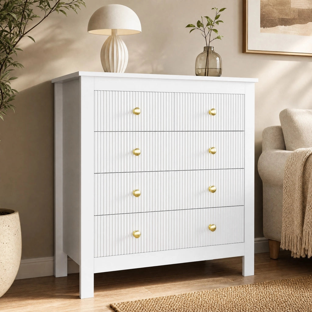 Comò con 5 cassetti e superficie strutturata, maniglie dorate, pannello truciolare bianco, 79 × 80,5 × 39,5 cm